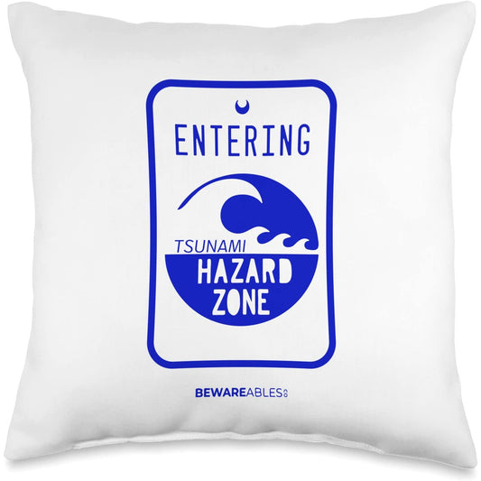 Tsunami hazard zone road sign funny beach and shoreline Throw Pillow