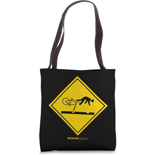 Falling bicyclists ahead caution sign funny cycling bike MTB Tote Bag