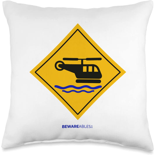 Helicopter landing on water funny caution sign Throw Pillow