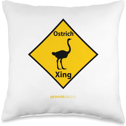 Ostrich crossing funny road sign allegedly Ostrich feathers Throw Pillow