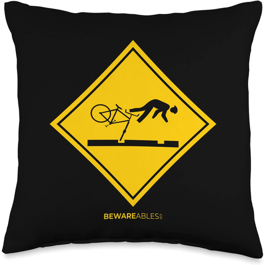 Falling bicyclists ahead caution sign funny cycling bike MTB Throw Pillow