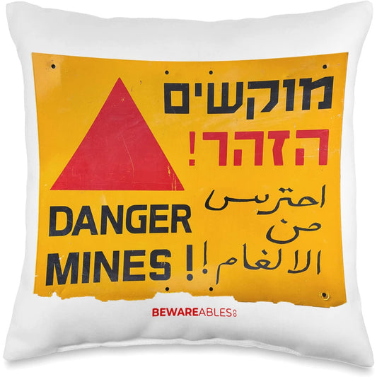 Danger landmines sign in English, Hebrew & Arabic anti war Throw Pillow