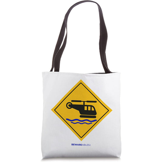 Helicopter landing on water funny caution sign Tote Bag