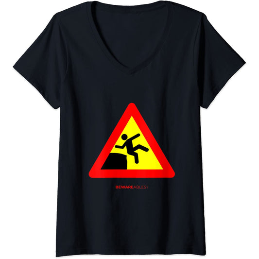 Caution, don't slip off the edge, yellow funny sign V-Neck T-Shirt