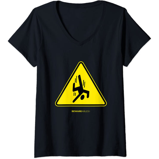 Falling guy funny sign warning yellow triangle V-Neck T-Shirt