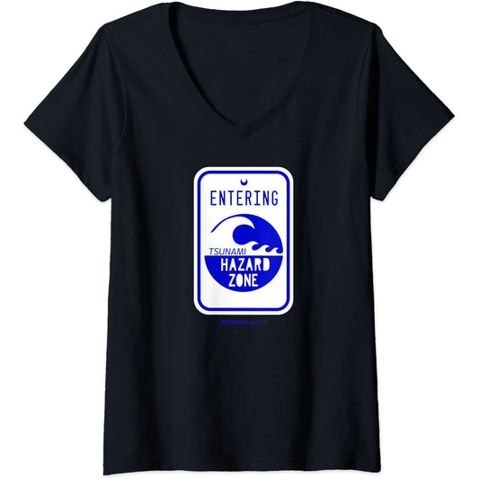 Tsunami hazard zone road sign funny beach and shoreline V-Neck T-Shirt