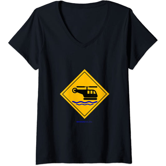 Helicopter landing on water funny caution sign V-Neck T-Shirt