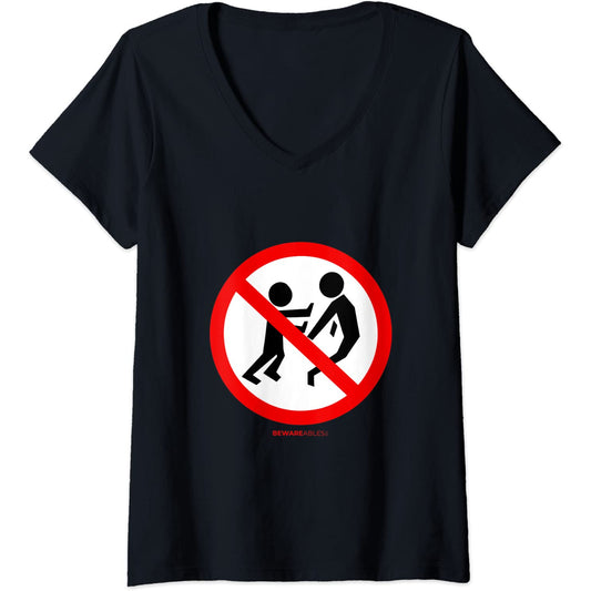 No pushing or fighting funny road sign Forbidden V-Neck T-Shirt