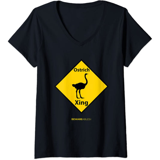 Ostrich crossing funny road sign allegedly Ostrich feathers V-Neck T-Shirt