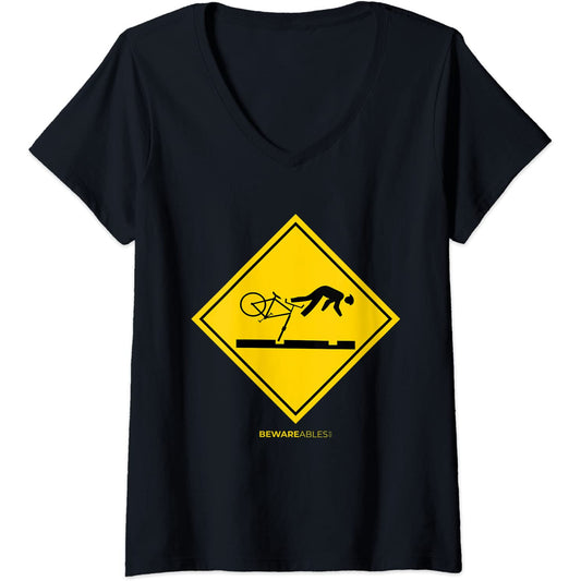 Falling bicyclists ahead caution sign funny cycling bike MTB V-Neck T-Shirt
