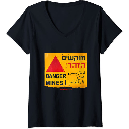 Danger Landmines Schild in Englisch, Hebräisch und Arabisch V-Neck T-Shirt