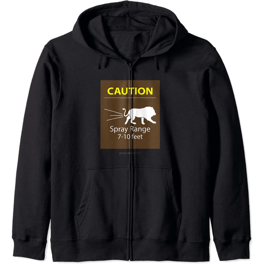 Precaución, rango de pulverización 7-10 pies, divertido caca Zip Hoodie