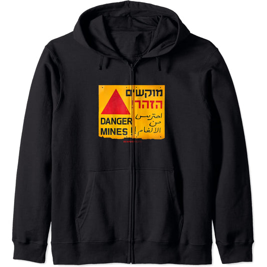 Danger Landmines Schild in Englisch, Hebräisch und Arabisch Zip Hoodie